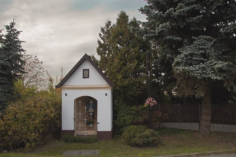 Kapliczki pw. św Floriana oraz św Jana Nepomucena nr 2 (Przydrożna kapliczka, we wnętrzu figura św. Jana Nepomucena, w tle drzewa)