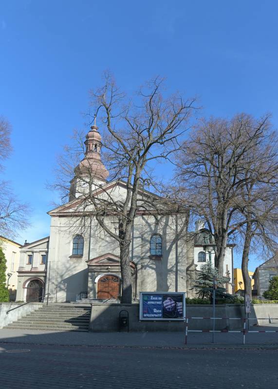 Kościół p.w. Św. Mikołaja nr 4 (Kościół z zewnątrz od frontu, dwa duże drzewa przed kościołem, schody prowadzące do kościoła)