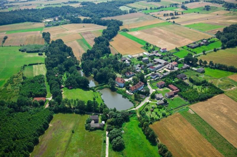 Park Dworski w Czarnym Lesie (Widok z lotu ptaka na Park Dworski w Czarnym Lesie. Liczne drzewa, budynki, 2 zbiorniki wodne, pola oraz łąki. W środku obok stawów Hotel Pałac w Czarnym Lesie)