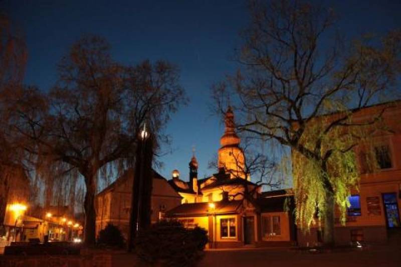 Mały Rynek - plac Mikołaja Kopernika nr 1 (Mały Rynek - plac Mikołaja Kopernika w nocy. Oświetlone budynki, pomnik i dwa drzewa. W tle wieża Kościoła.)